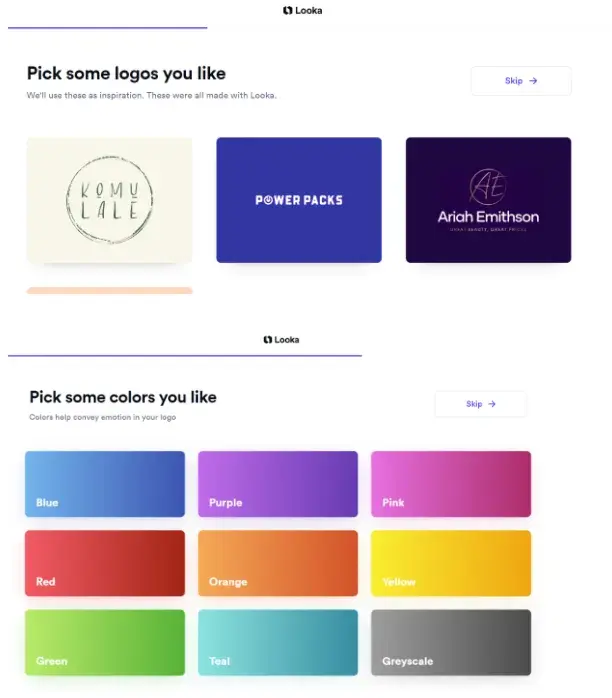 在 Looka、ai 中挑选徽标示例和颜色进行图形设计